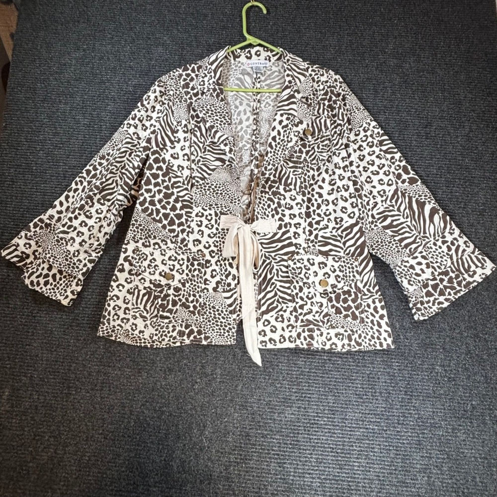 Contrast Animal Print Tie‎ Waist Jacket Brown Leopard Zebra Patchwork Plus 2X